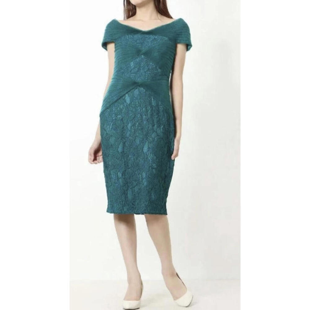 Tadashi Shoji Teal Talbot Twist Tulle Lace Dress Off Shoulder Size US 12